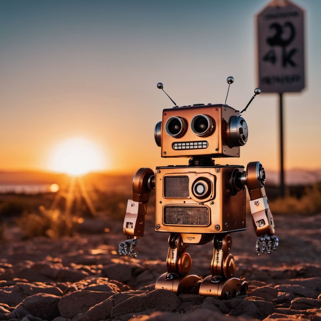 AI-generated image of a laughing robot in the sunset.