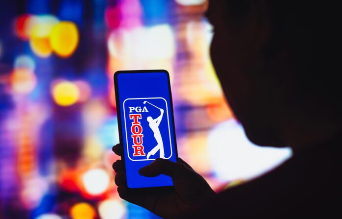 PGA Tour logo is displayed on a smartphone screen.
